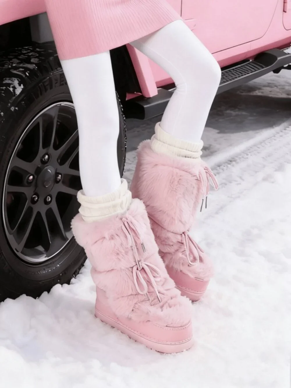 Pink Cute Women's Lace-Up Round Toe Faux Fur Platform Snow Boots